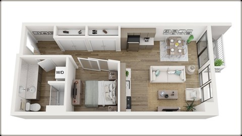 Floor plan for 1 bed, 1 bath, 589 sqft